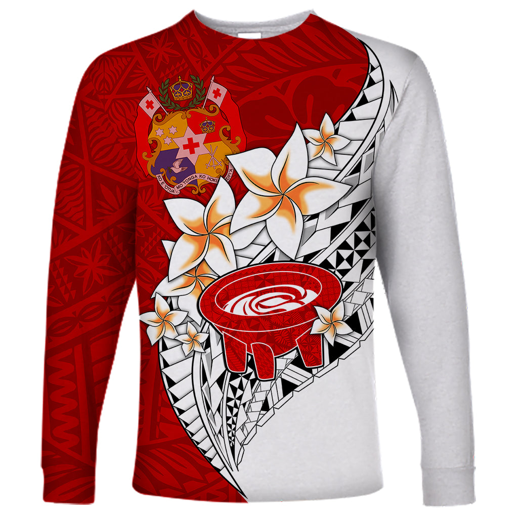 Tonga Kava Bowl Long Sleeve Shirt Tongan Kupesi Ngatu Pattern White LT14 Unisex Red - Polynesian Pride