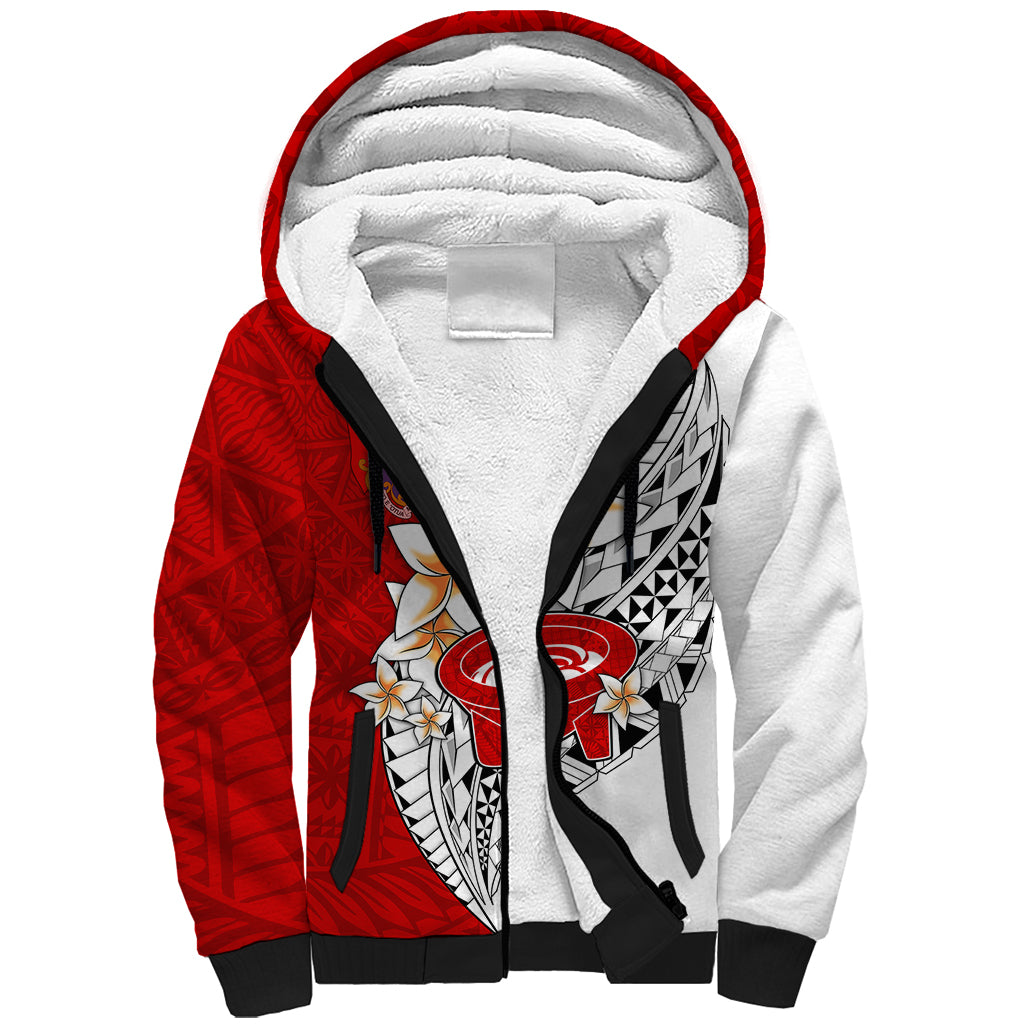 (Custom Personalised) Tonga Kava Bowl Sherpa Hoodie Tongan Kupesi Ngatu Pattern White LT14 Unisex Red - Polynesian Pride