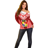 Tonga Heilala Flowers Off Shoulder Sweater Tongan Ngatu White Special Verison LT14 - Polynesian Pride