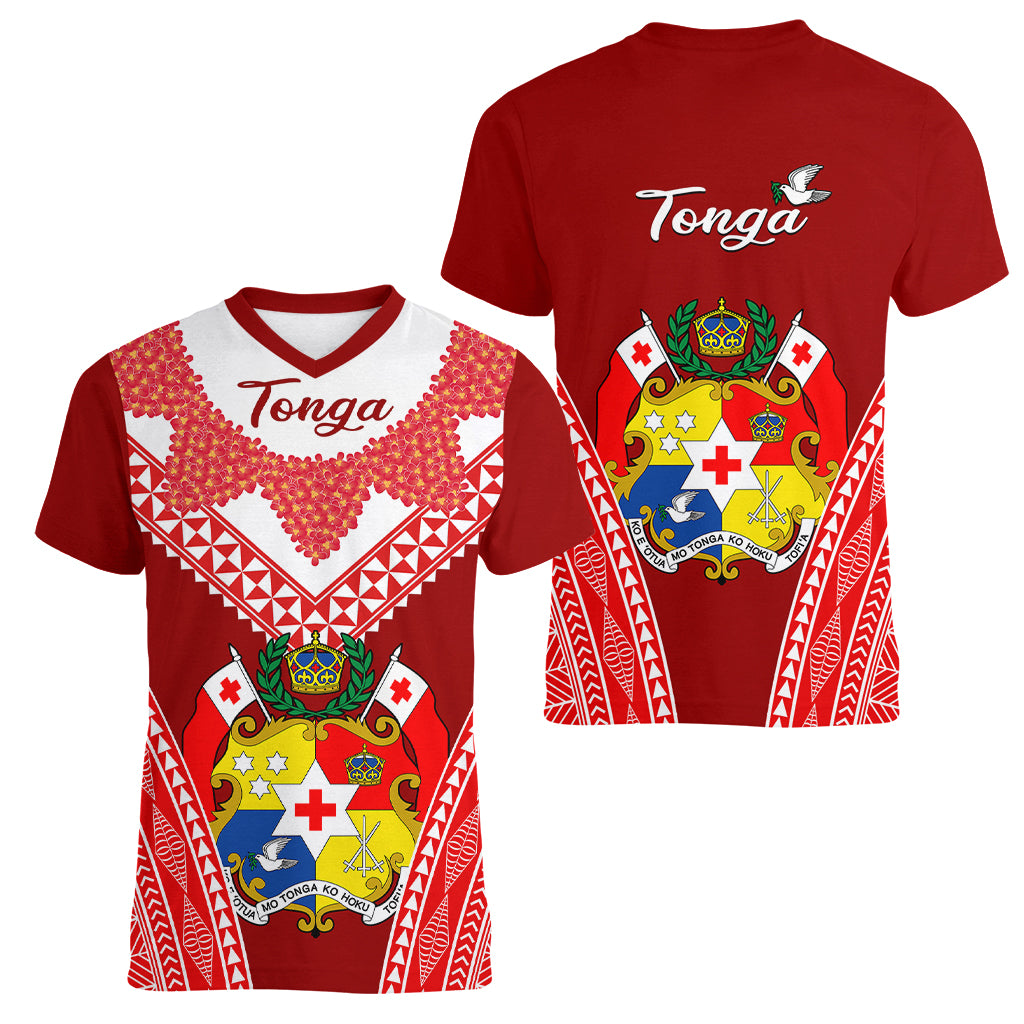 Tonga Heilala Flowers Women V Neck T Shirt Tongan Ngatu White Special Verison LT14 Female Red - Polynesian Pride