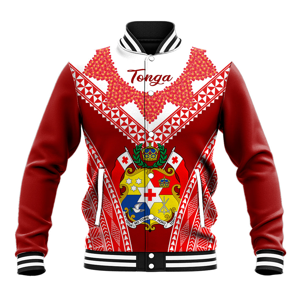 (Custom Personalised) Tonga Heilala Flowers Baseball Jacket Tongan Ngatu White Special Verison LT14 Unisex Red - Polynesian Pride