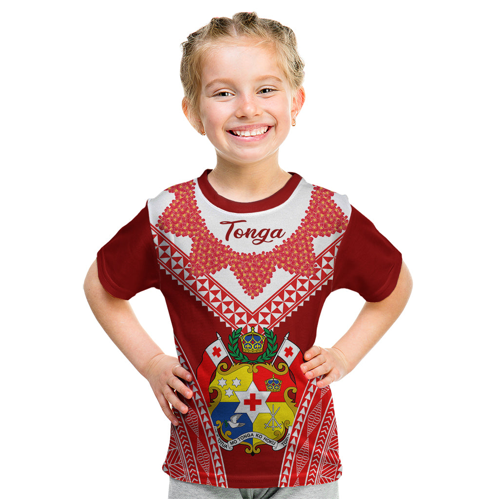 (Custom Personalised) Tonga Heilala Flowers Kid T Shirt Tongan Ngatu White Special Verison LT14 Red - Polynesian Pride