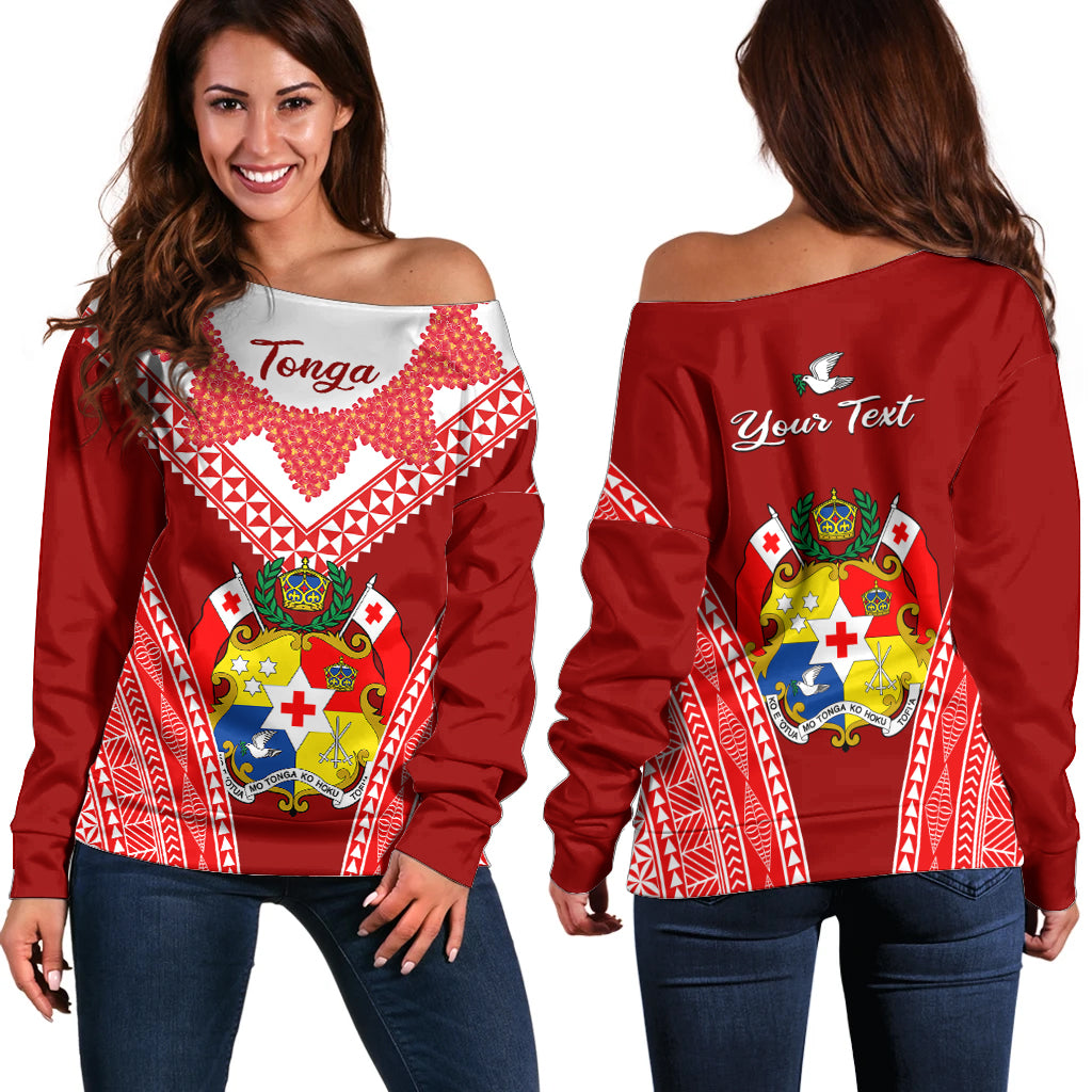 (Custom Personalised) Tonga Heilala Flowers Off Shoulder Sweater Tongan Ngatu White Special Verison LT14 Women Red - Polynesian Pride