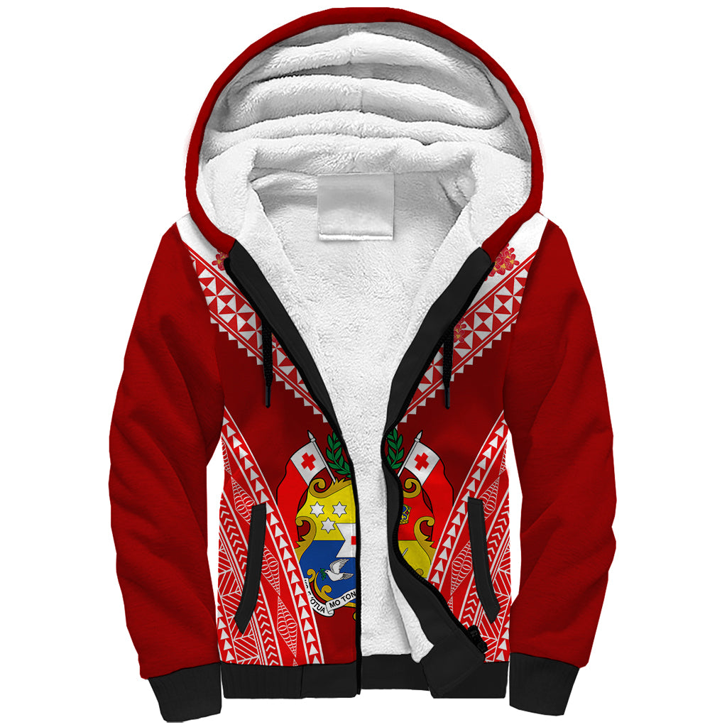 (Custom Personalised) Tonga Heilala Flowers Sherpa Hoodie Tongan Ngatu White Special Verison LT14 Unisex Red - Polynesian Pride