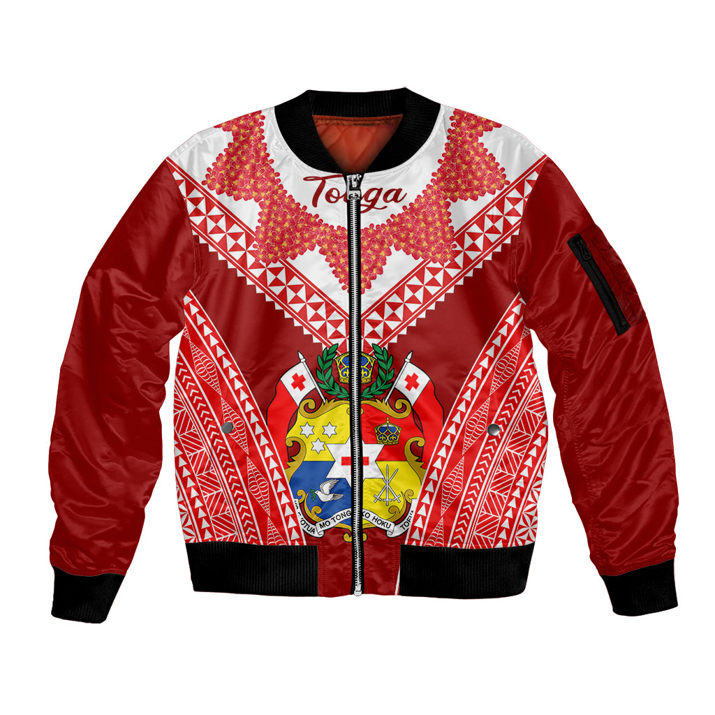 (Custom Personalised) Tonga Heilala Flowers Sleeve Zip Bomber Jacket Tongan Ngatu White Special Verison LT14 Unisex Red - Polynesian Pride