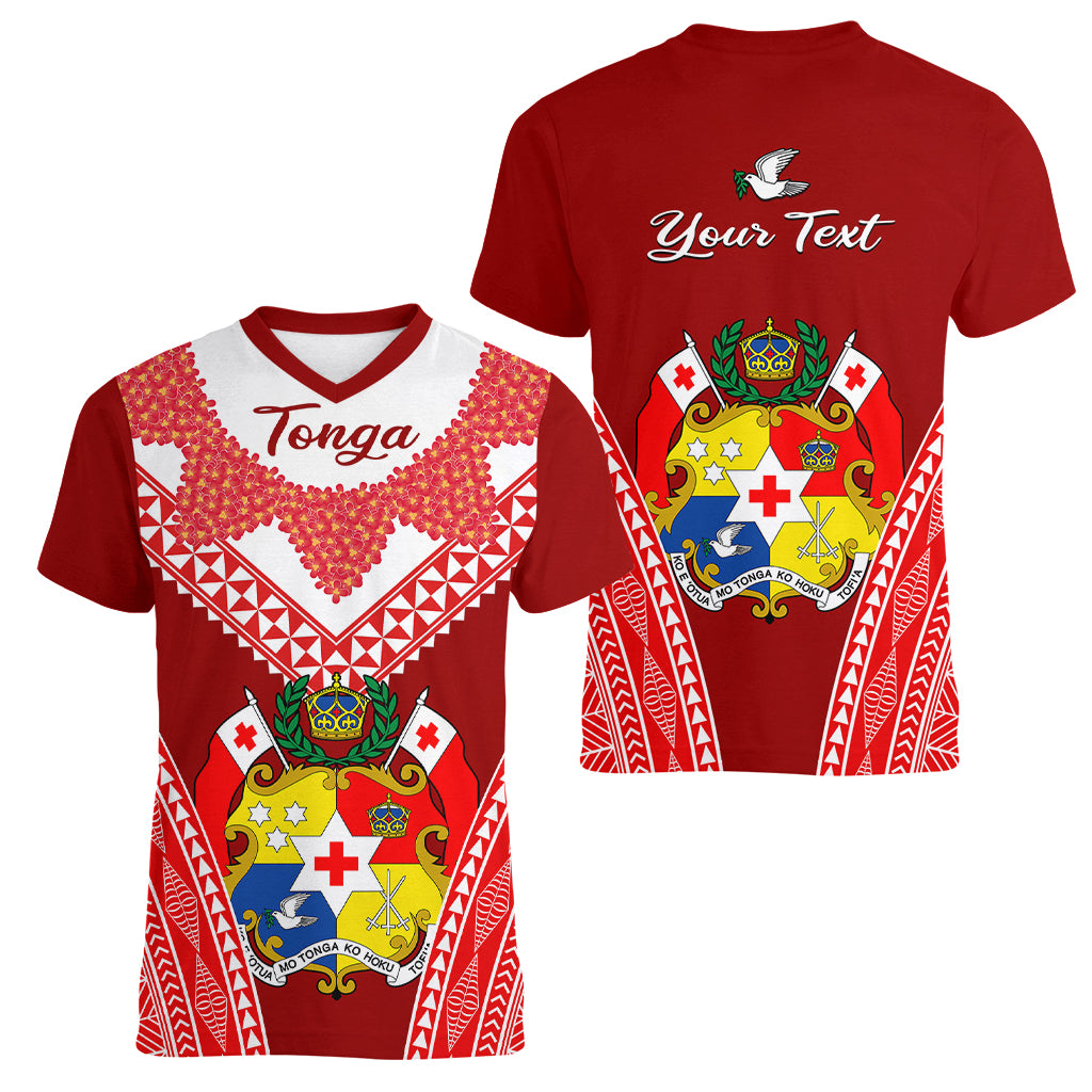 (Custom Personalised) Tonga Heilala Flowers Women V Neck T Shirt Tongan Ngatu White Special Verison LT14 Female Red - Polynesian Pride