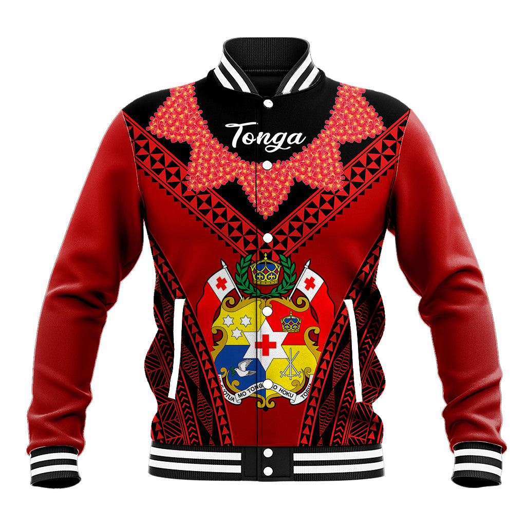 Tonga Heilala Flowers Baseball Jacket Tongan Ngatu Black Special Verison LT14 Unisex Red - Polynesian Pride