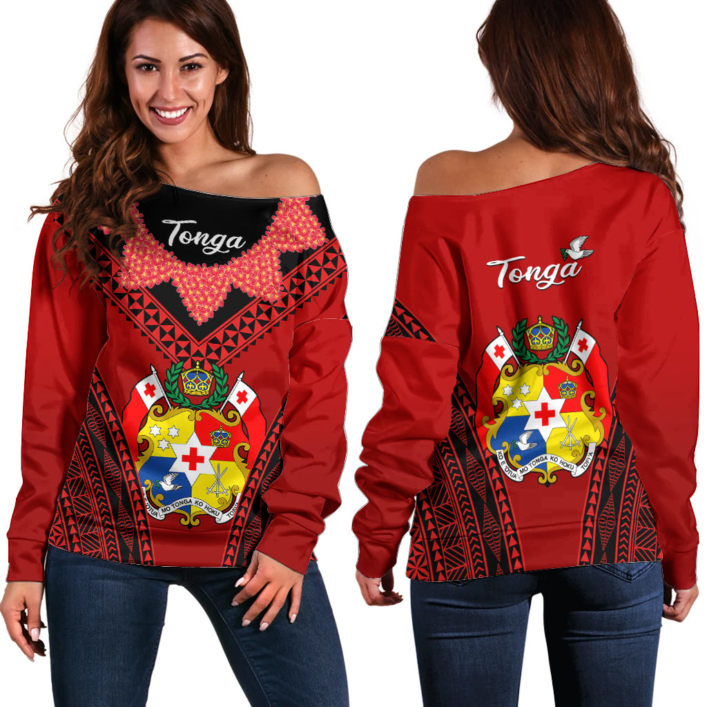 Tonga Heilala Flowers Off Shoulder Sweater Tongan Ngatu Black Special Verison LT14 Women Red - Polynesian Pride