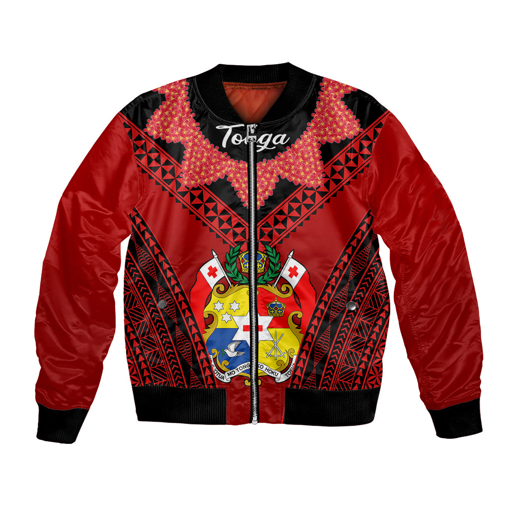 (Custom Personalised) Tonga Heilala Flowers Bomber Jacket Tongan Ngatu Black Special Verison LT14 Unisex Red - Polynesian Pride