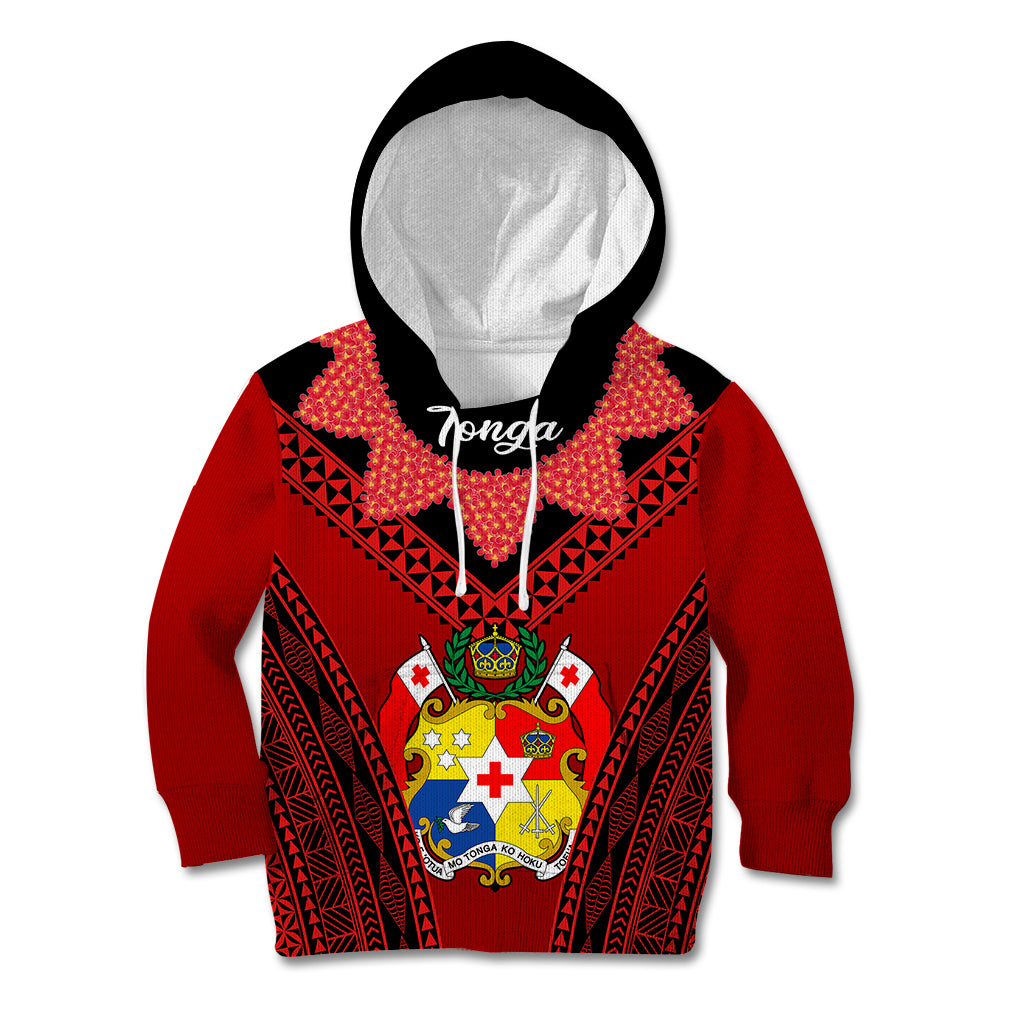 (Custom Personalised) Tonga Heilala Flowers Kid Hoodie Tongan Ngatu Black Special Verison LT14 Red - Polynesian Pride