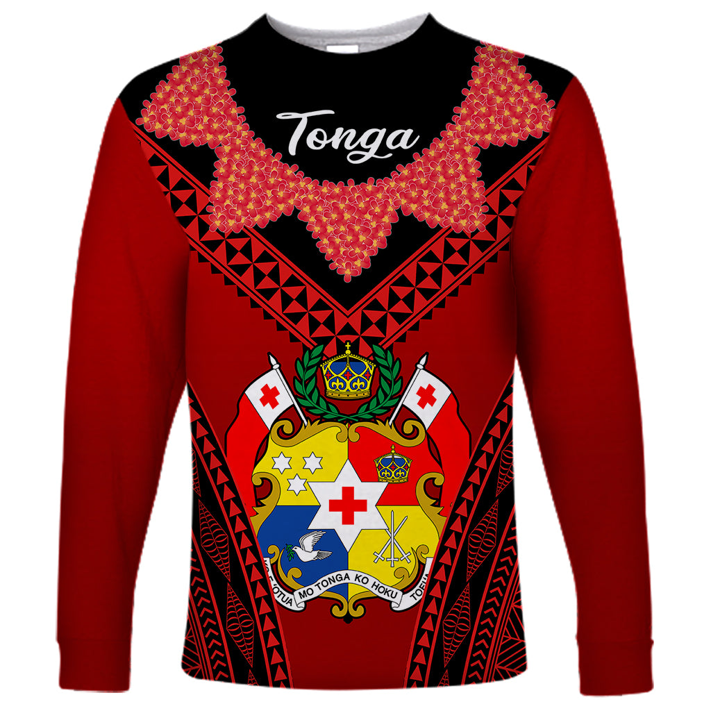 (Custom Personalised) Tonga Heilala Flowers Long Sleeve Shirt Tongan Ngatu Black Special Verison LT14 Unisex Red - Polynesian Pride