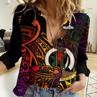(Custom Personalised) Vanuatu Women Casual Shirt Kava Bowl Mix Polynesian Gradient Style LT14 Female Black - Polynesian Pride