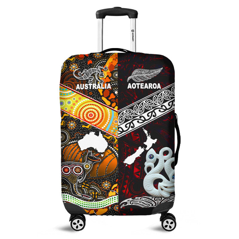 New Zealand Maori Aotearoa And Australia Aboriginal Luggage Cover Together - Red LT8 Red - Polynesian Pride