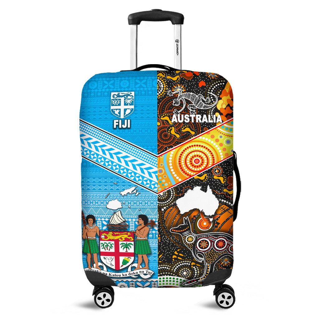 Australia Aboriginal And Fiji Tapa Luggage Cover Together LT8 Blue - Polynesian Pride