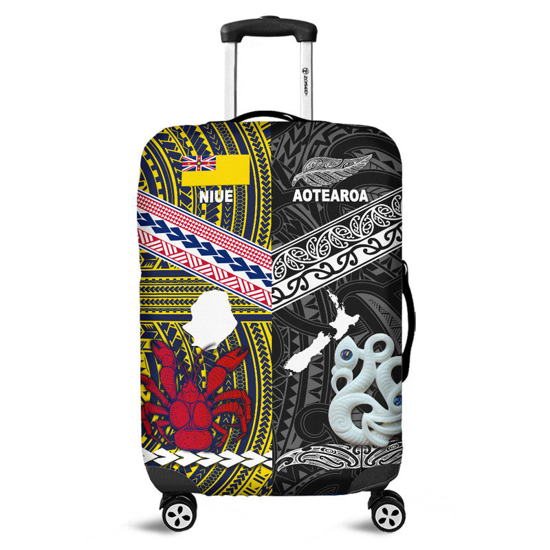 New Zealand And Niue Luggage Cover Together - Black LT8 Black - Polynesian Pride