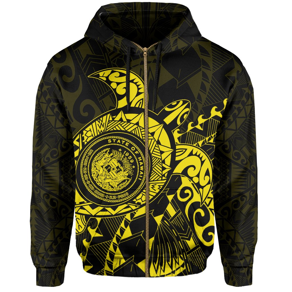 Hawaii Coat of Arms Zipper Hoodie (Yelllow) Turtle Style - Polynesian Pride
