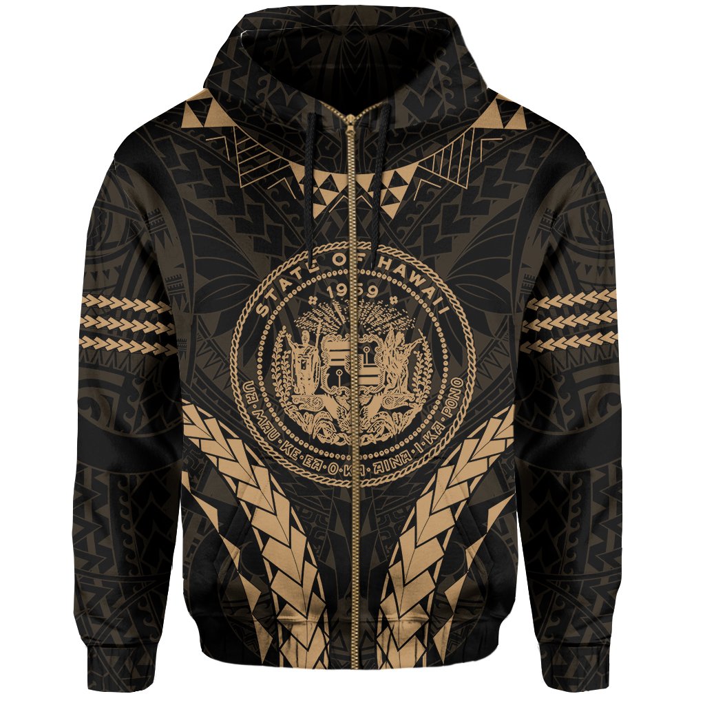 Polynesian Kakau Seal of Hawaii Zip Hoodie Sport Style Version 2.0 Gold - Polynesian Pride