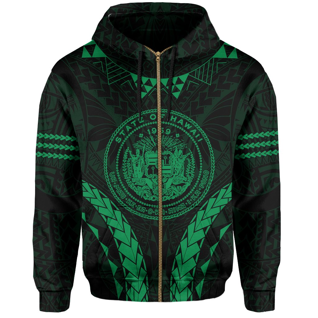 Polynesian Kakau Seal of Hawaii Zip Hoodie Sport Style Version 2.0 Green - Polynesian Pride