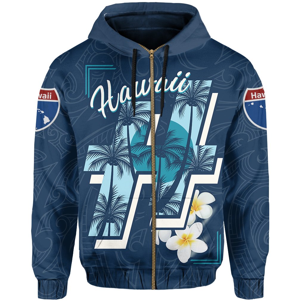 Hawaii Map Plumeria Coconut Hoodie Zip Blue SHI Style - Polynesian Pride