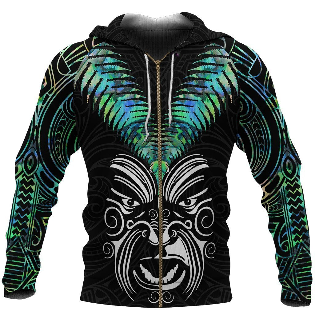 New Zealand Maori Moko Zip Hoodie Paua Shell Unisex Black - Polynesian Pride