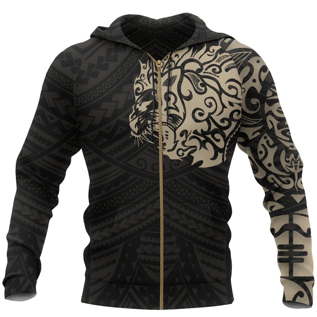 Maori Tattoo Hoodie, New Zealand Lion Tattoo Zipper Hoodie Tan Unisex Black - Polynesian Pride