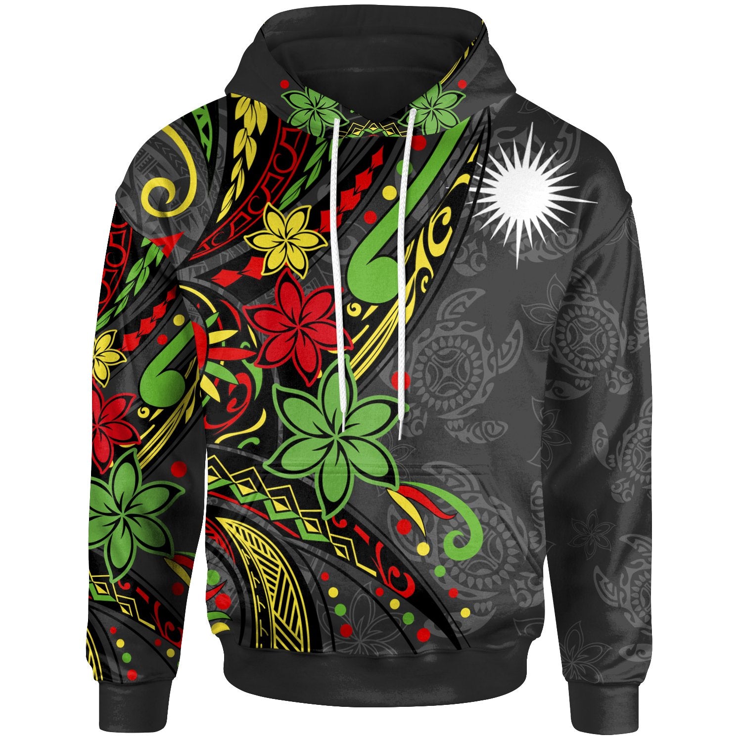 Marshall Islands Hoodie Tribal Flower With Special Turtles Unisex Black - Polynesian Pride