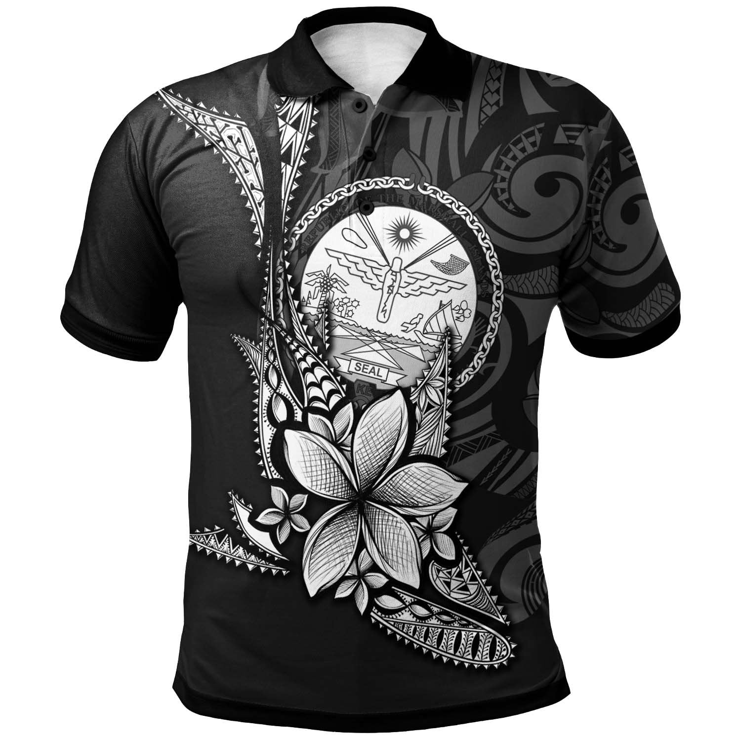 Marshall Islands Polo Shirt Fish With Plumeria Flowers Style Unisex Black - Polynesian Pride