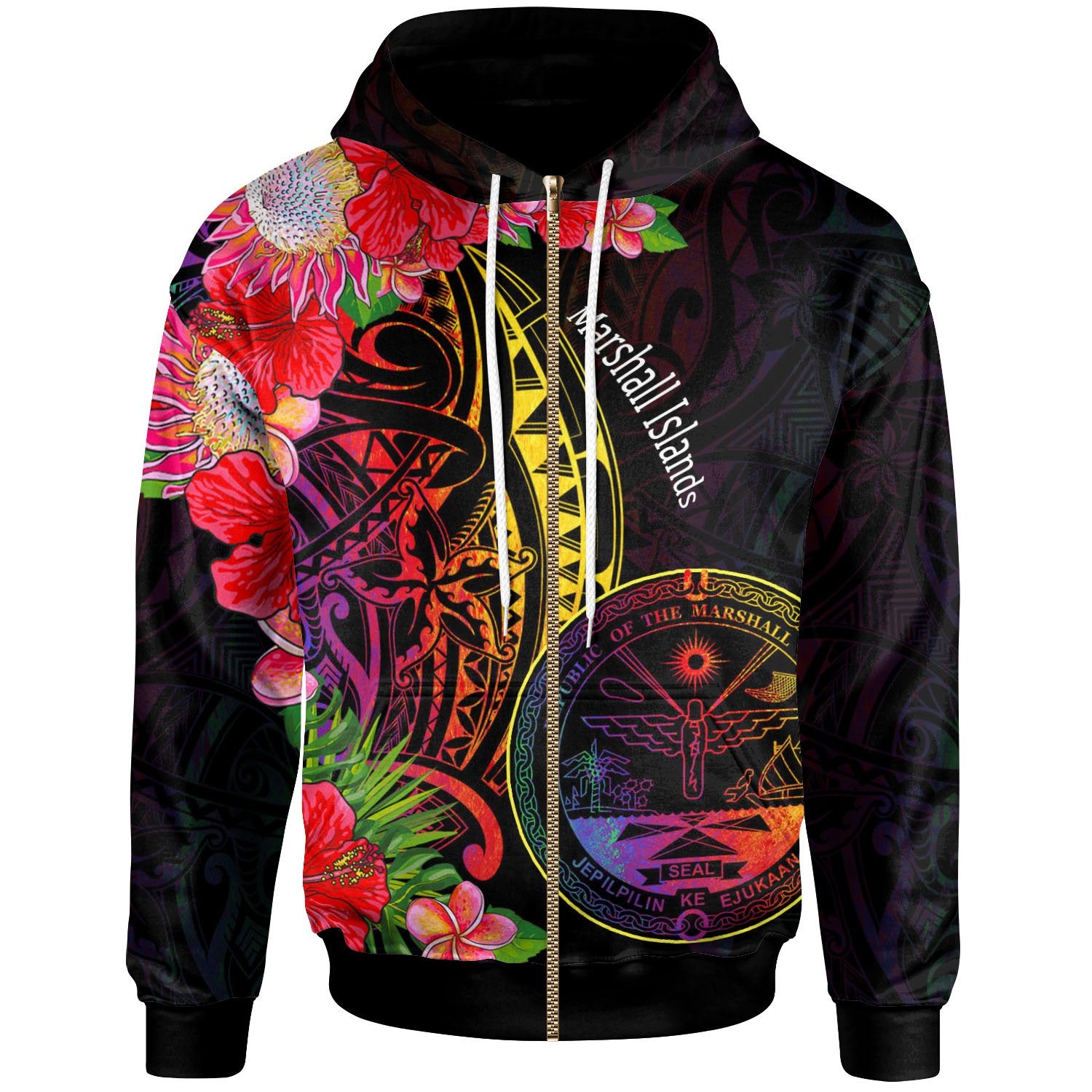 Marshall Islands Zip Hoodie Tropical Hippie Style Unisex Black - Polynesian Pride