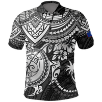 Chuuk Polo Shirt Chuuk FLag White Turtle Hibiscus (Black) Unisex White - Polynesian Pride