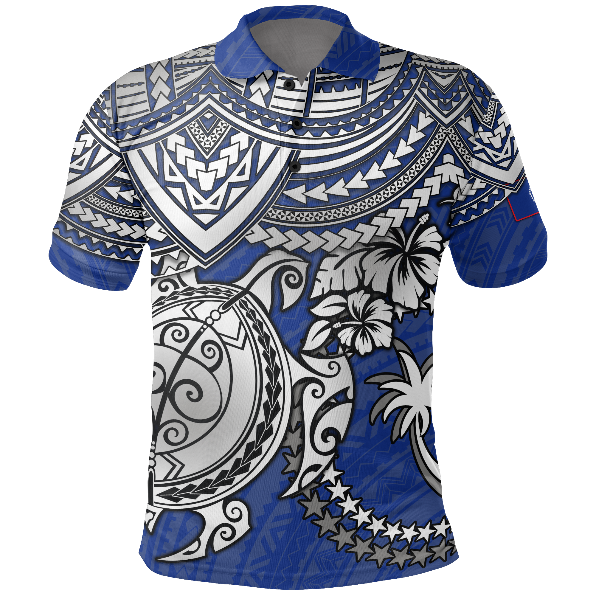 Chuuk Polo Shirt Chuuk FLag White Turtle Hibiscus (Blue) Unisex BLUE - Polynesian Pride