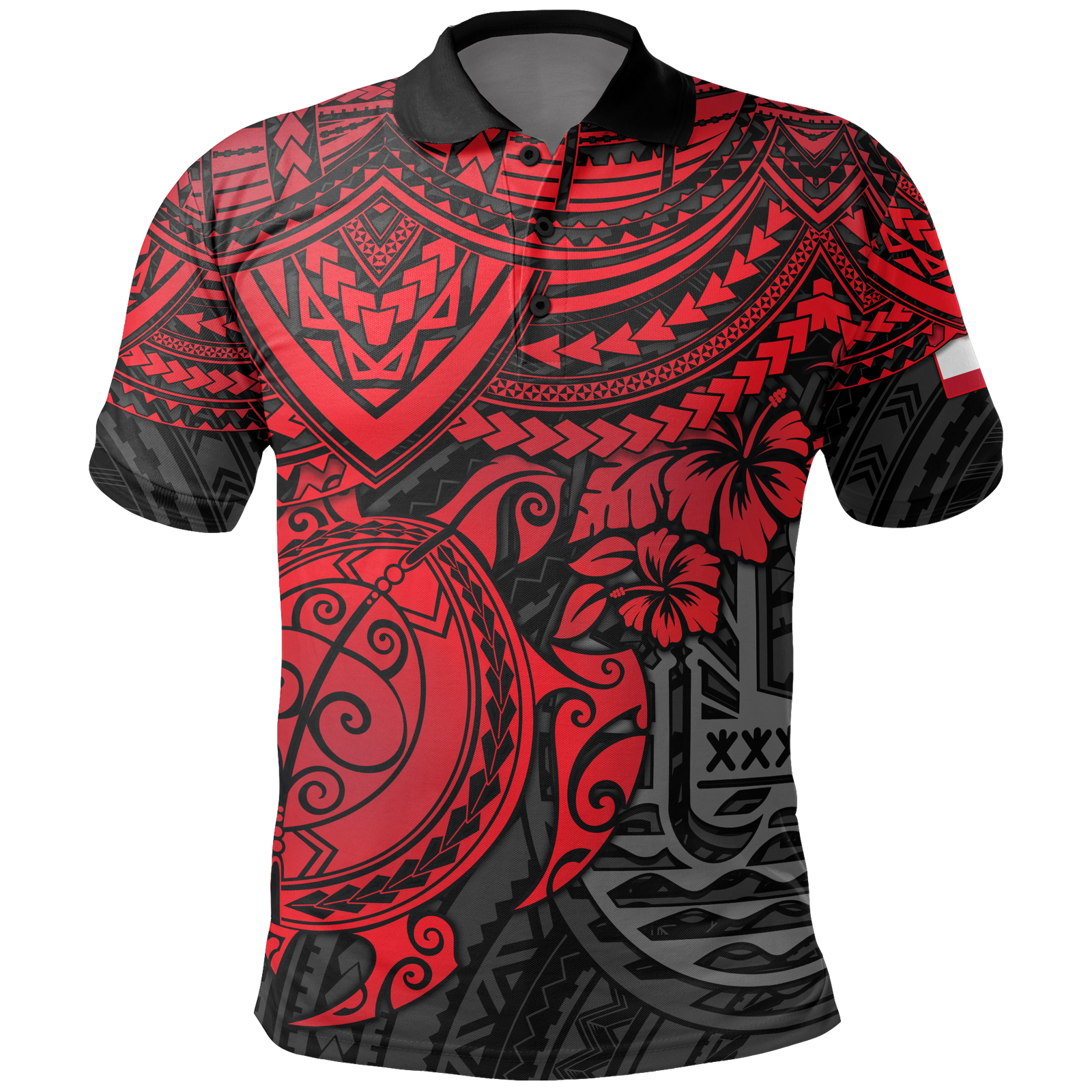 Tahiti Polo Shirt Tahitian FLag Red Turtle Hibiscus Unisex RED - Polynesian Pride
