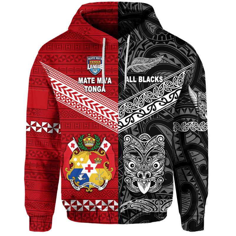 Custom Tonga New Zealand Rugby Hoodie Mate Maa Ngatu and Maori All Black Together LT8 Pullover Hoodie - Polynesian Pride