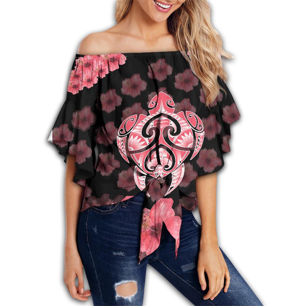 (Personalized) Kanaka Turtle Hibiscus Off Shoulder Waist Wrap Top - Black Pink - AH Female Black - Polynesian Pride