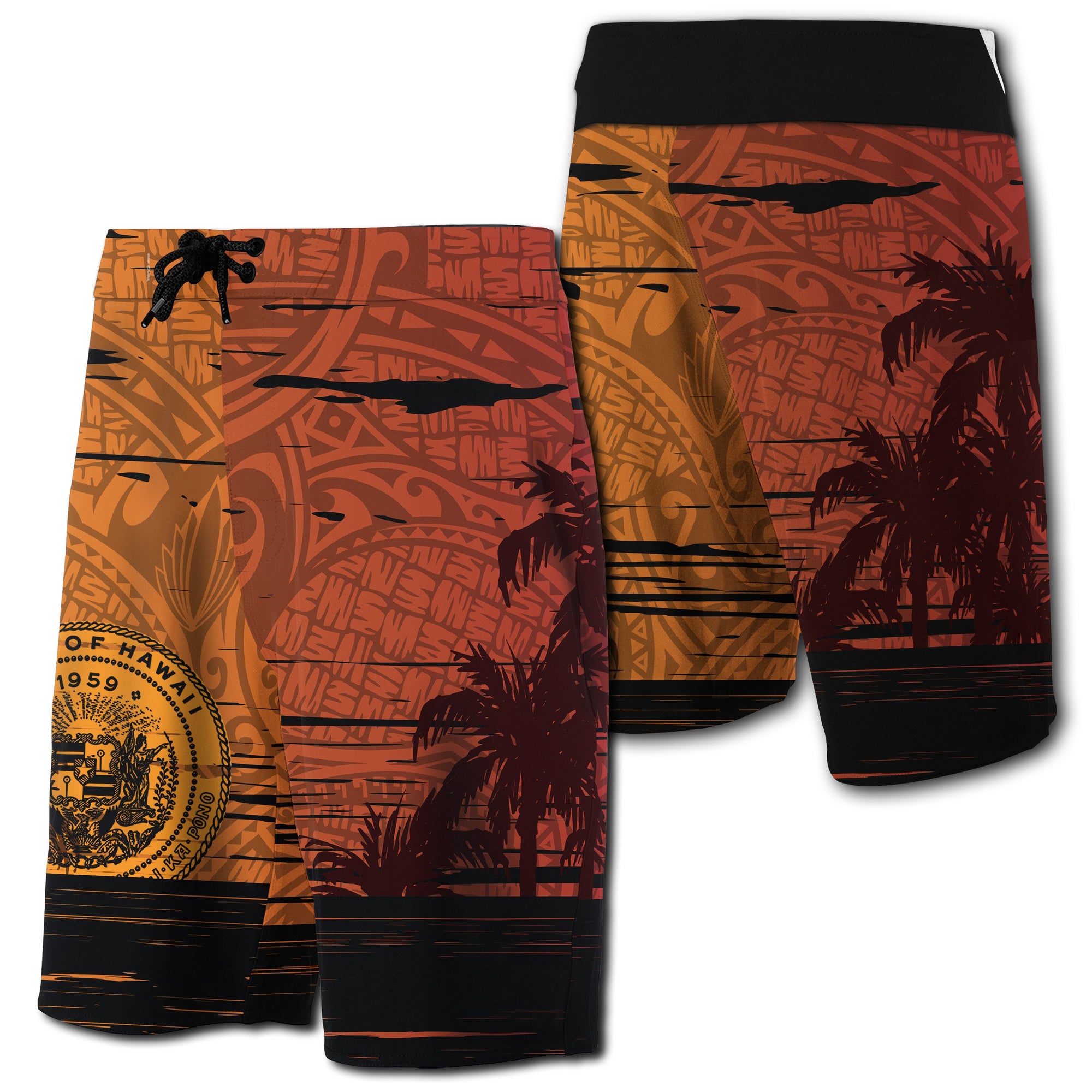 Hawaii Sunset Coat Of Arm Polynesian Board Short Men Yellow - Polynesian Pride