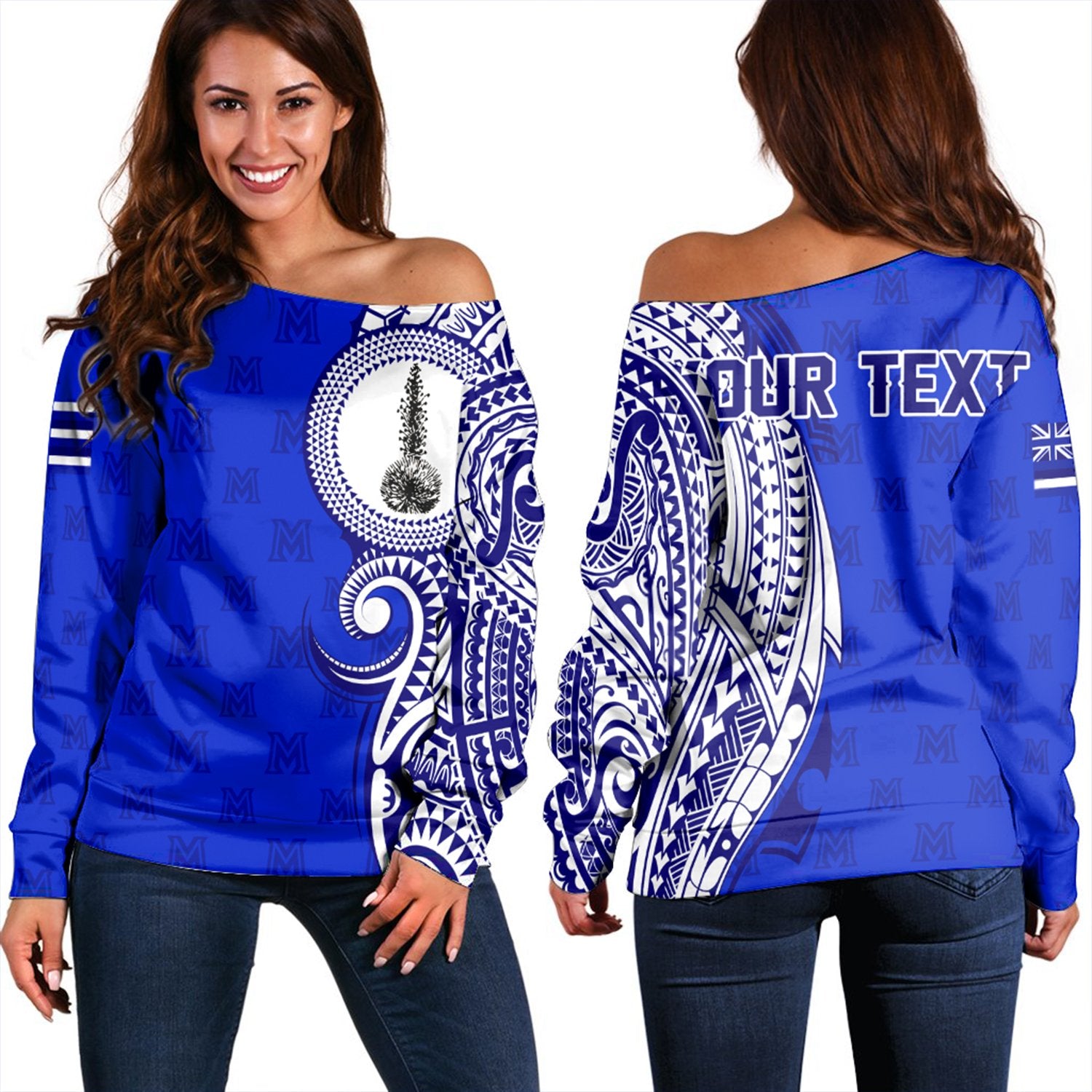 (Personalised) Hawaii - Maui High Tribal Kakau Women's Off Shoulder Sweatshirt AH Blue - Polynesian Pride