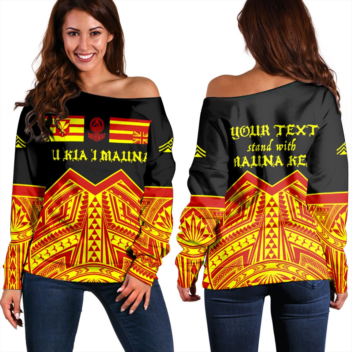 (Personalised) Hawaii - We Stand With Mauna Kea Women's Off Shoulder Sweatshirt AH Black - Polynesian Pride