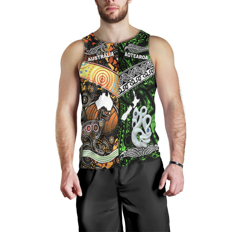 New Zealand Maori Aotearoa And Australia Aboriginal Men Tank Top Together - Green LT8 Green - Polynesian Pride