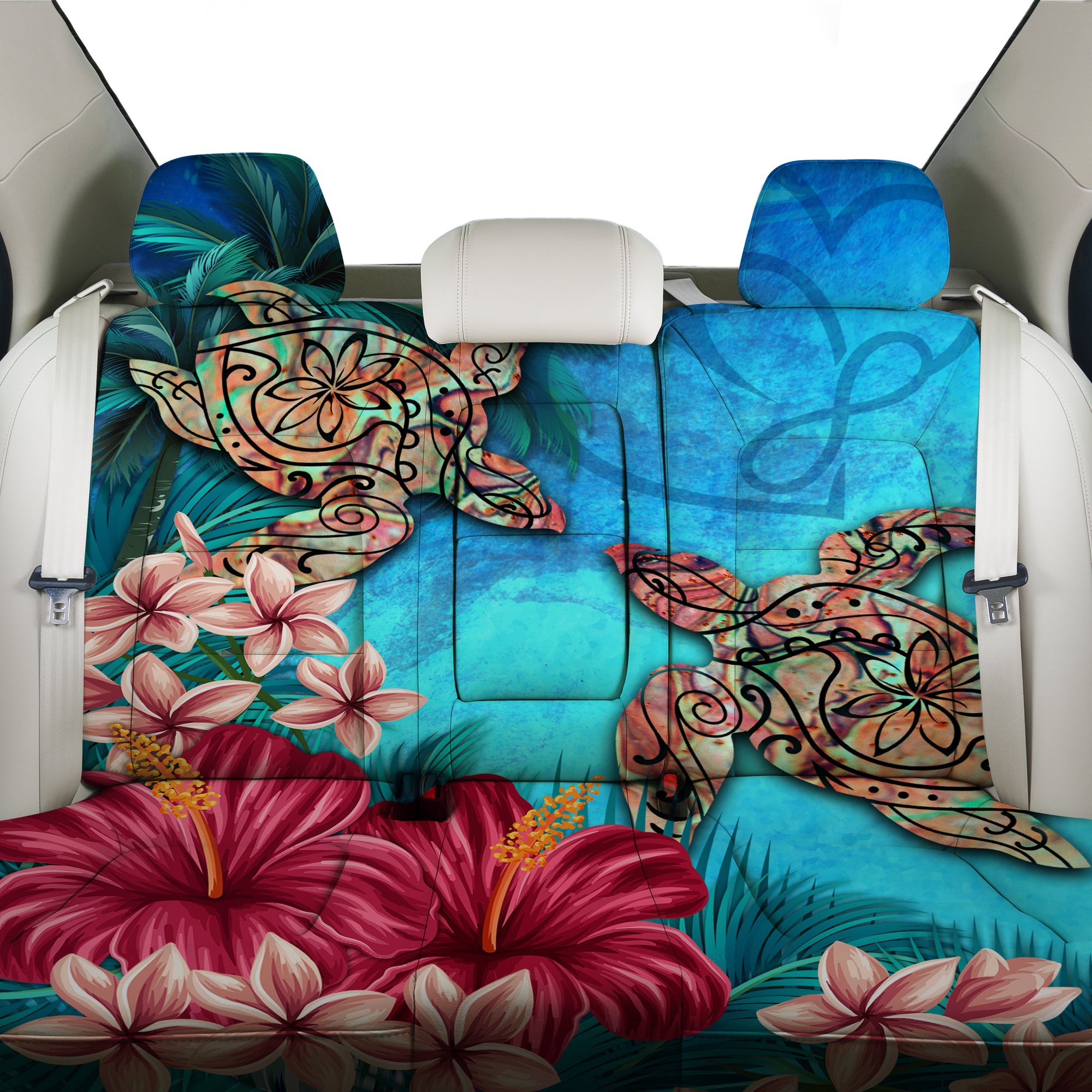 Hawaii Turtle Hibiscus Sea Back Seat Cover - Ocean Of Love - AH One Size Blue Back Car Seat Covers - Polynesian Pride