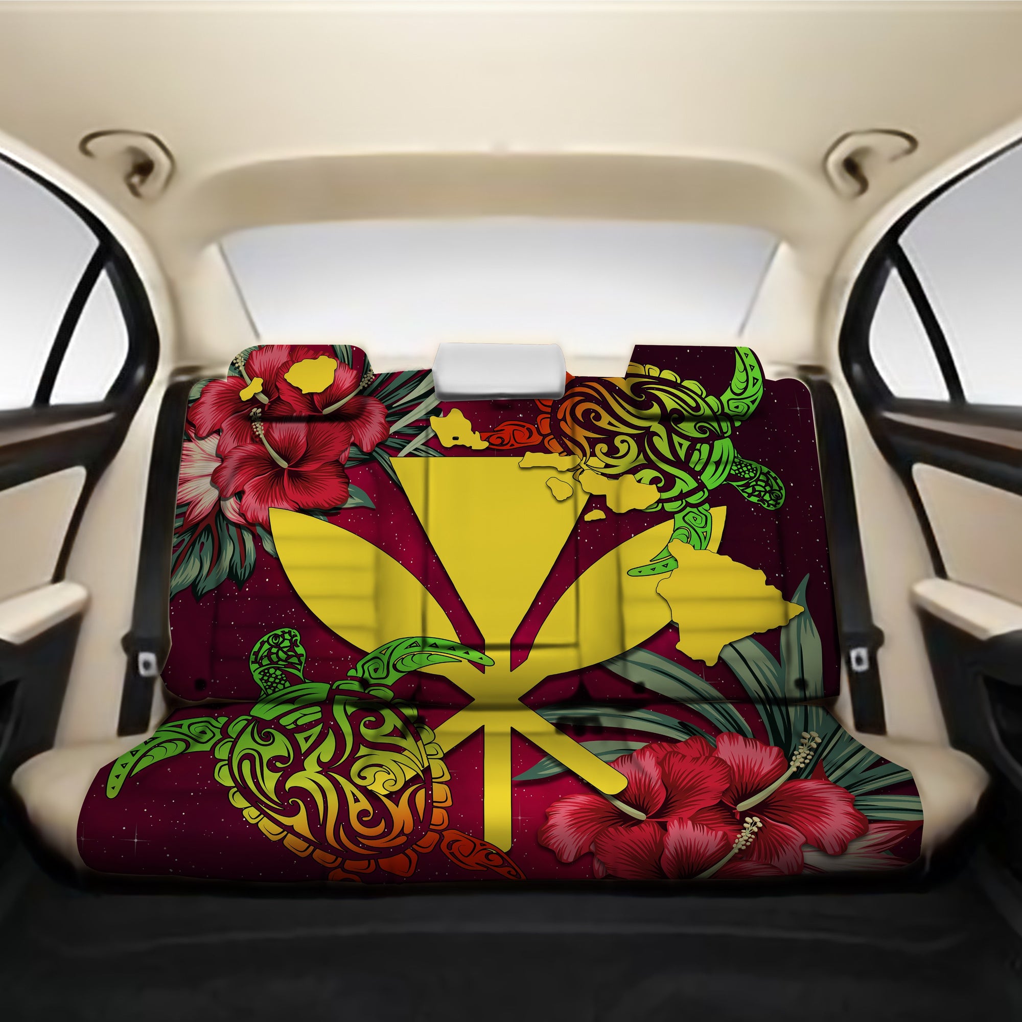 Kanaka Map Turtle Hibiscus Back Seat Cover - Red Velvet - AH One Size Red Back Car Seat Covers - Polynesian Pride