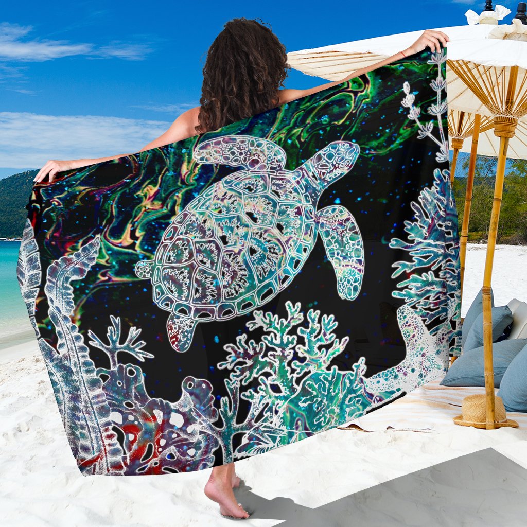 Hawaii Turtle Corals Shell Background Sarong - AH Sarong One Size Black - Polynesian Pride