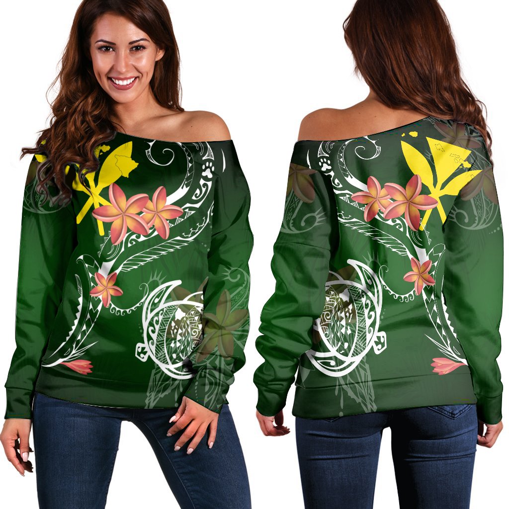 Hawaii Turtle Plumeria Polynesian Women's Off Shoulder Sweater - Luck Style - AH Green - Polynesian Pride