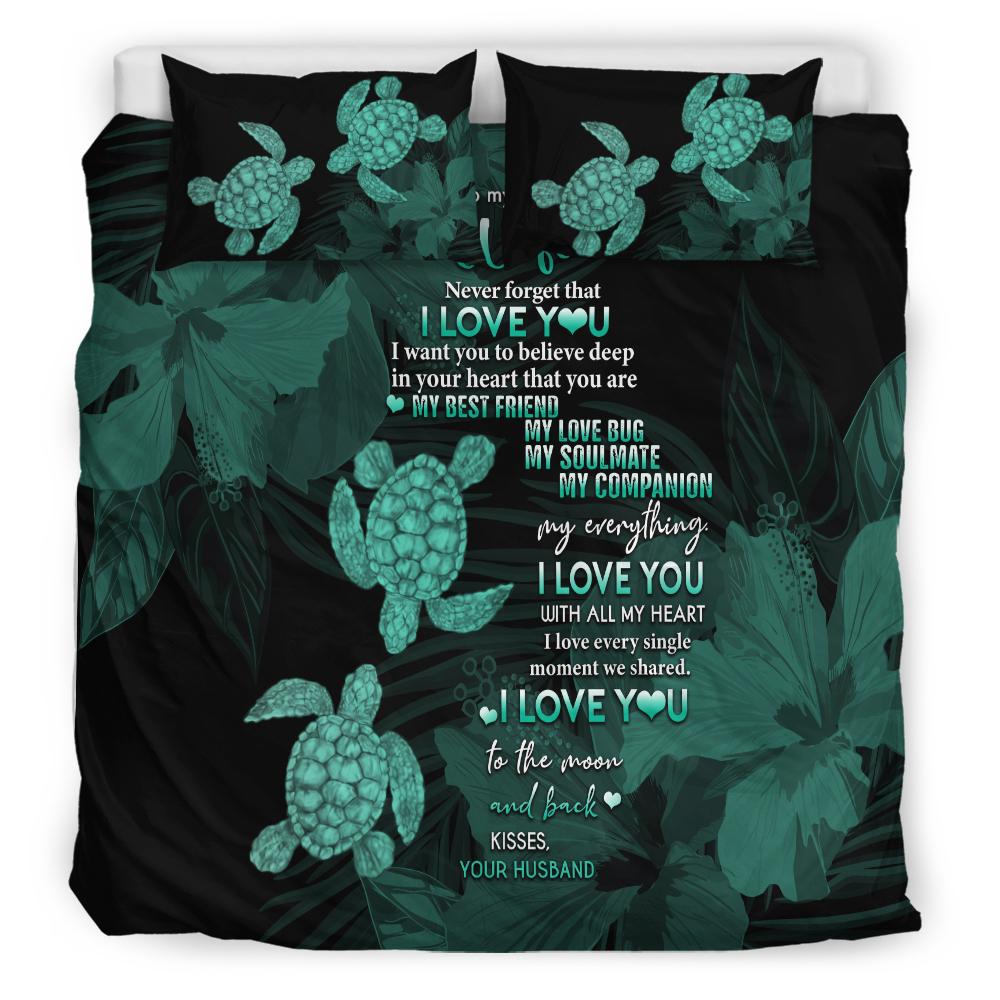 Hawaii Turtle Bedding Set Hibiscus To My Wife Turquoise AH - Polynesian Pride