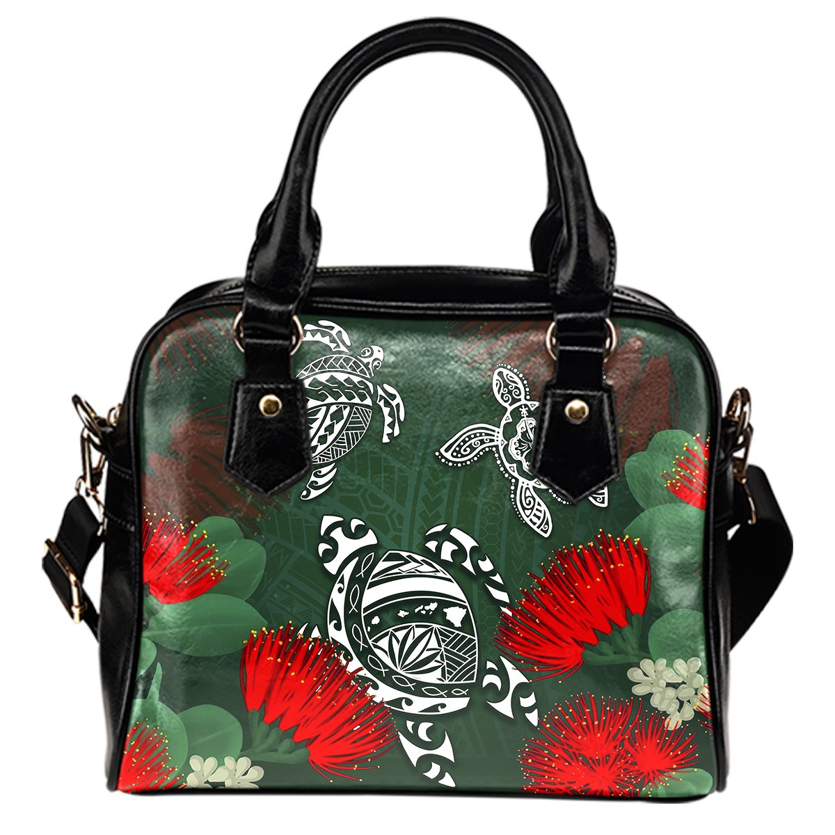 Hawaii Lehua Flowers Turtle Poly Shoulder Handbag - Ser Style - AH One Size Green - Polynesian Pride