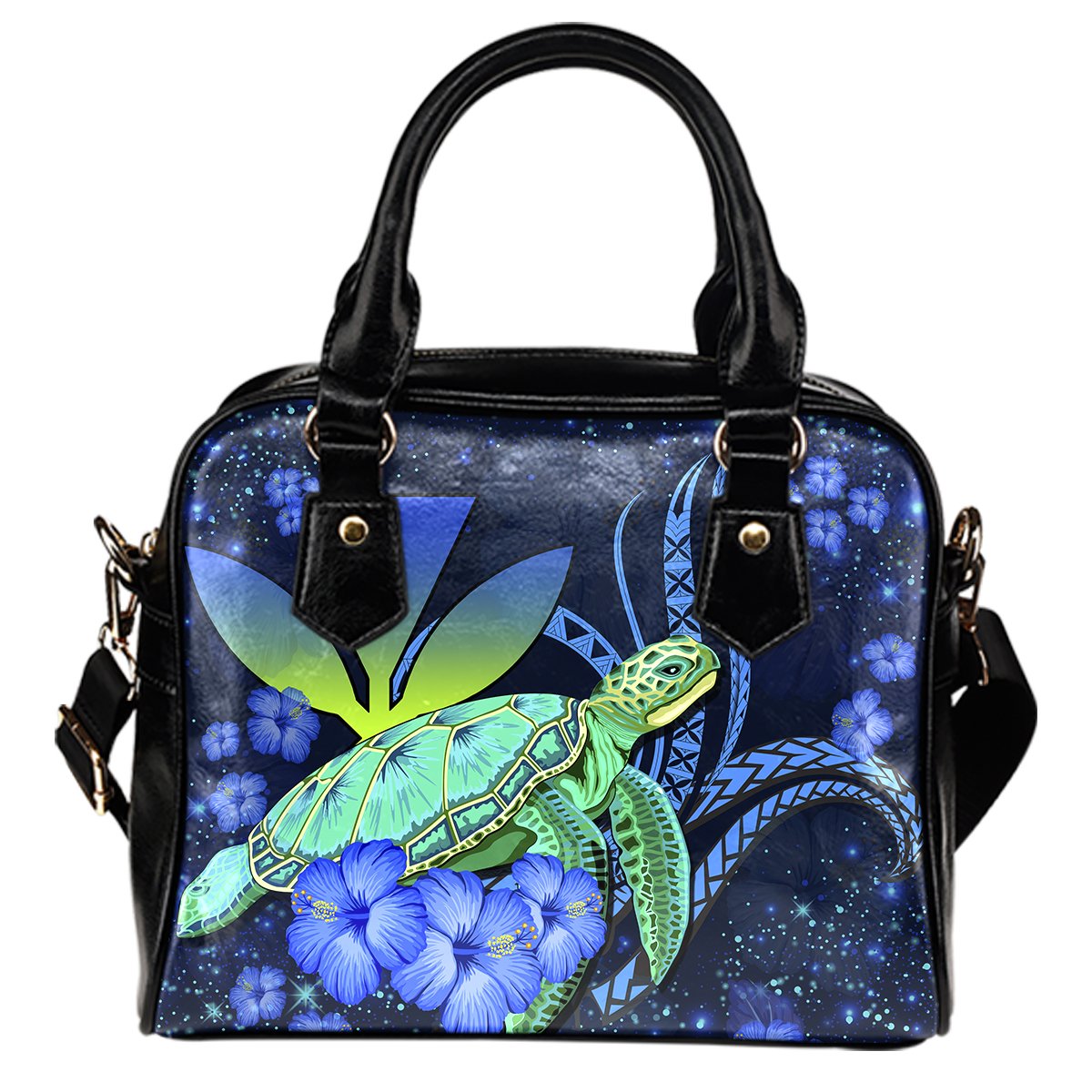 Hawaii Turtle Hibiscus Polynesian Shoulder Handbag - Jade Stone - AH One Size Blue - Polynesian Pride