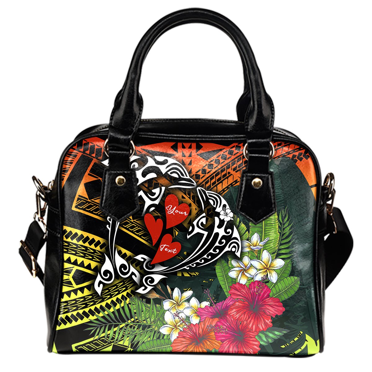 Hawaii Dophin Couple Love Polynesian Flower Shoulder Handbag - AH One Size Black - Polynesian Pride