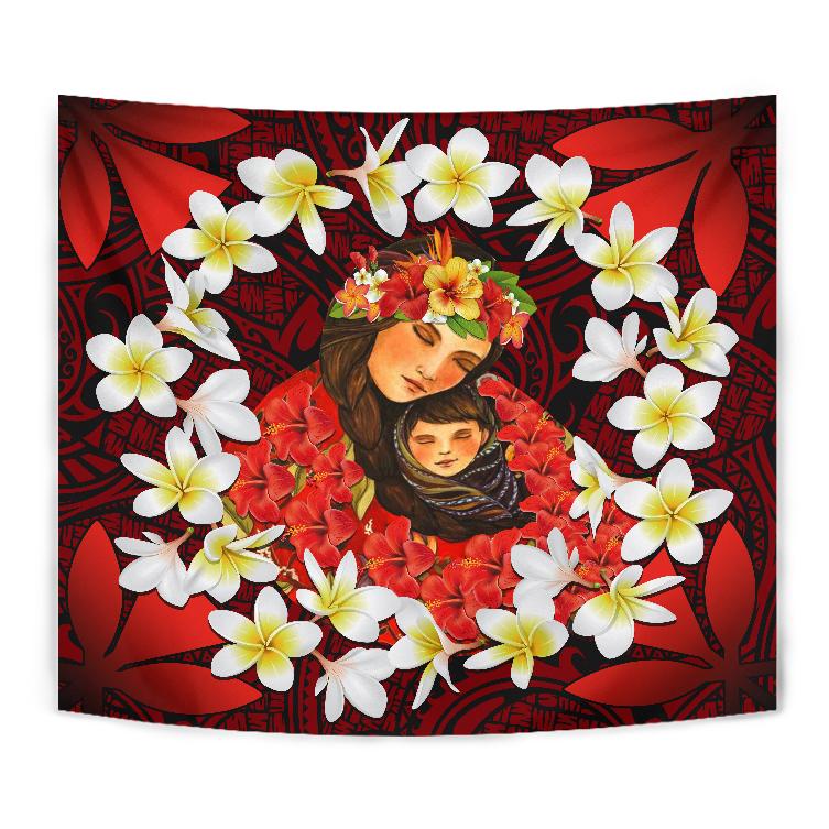 Kanaka Mother And Child Plumeria Leis Polynesian Tapestry - Warm Heart - AH Wall Tapestry Red - Polynesian Pride