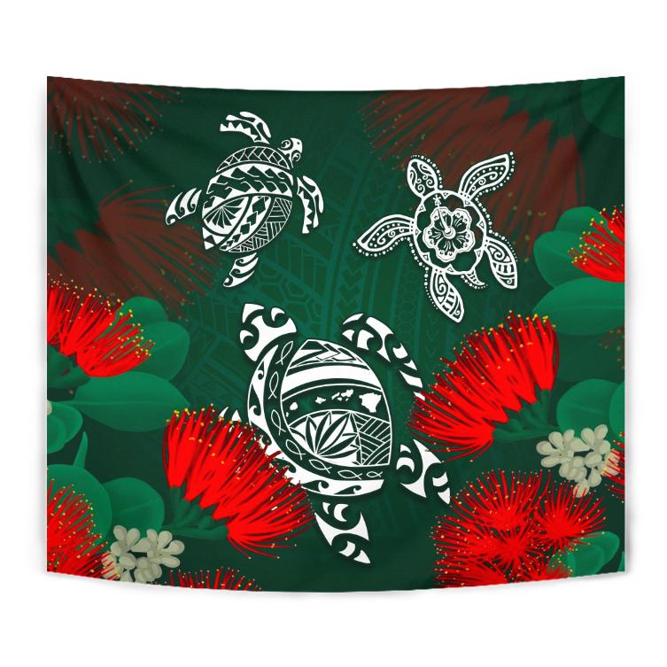 Hawaii Lehua Flowers Turtle Poly Tapestry - Ser Style - AH Wall Tapestry Green - Polynesian Pride