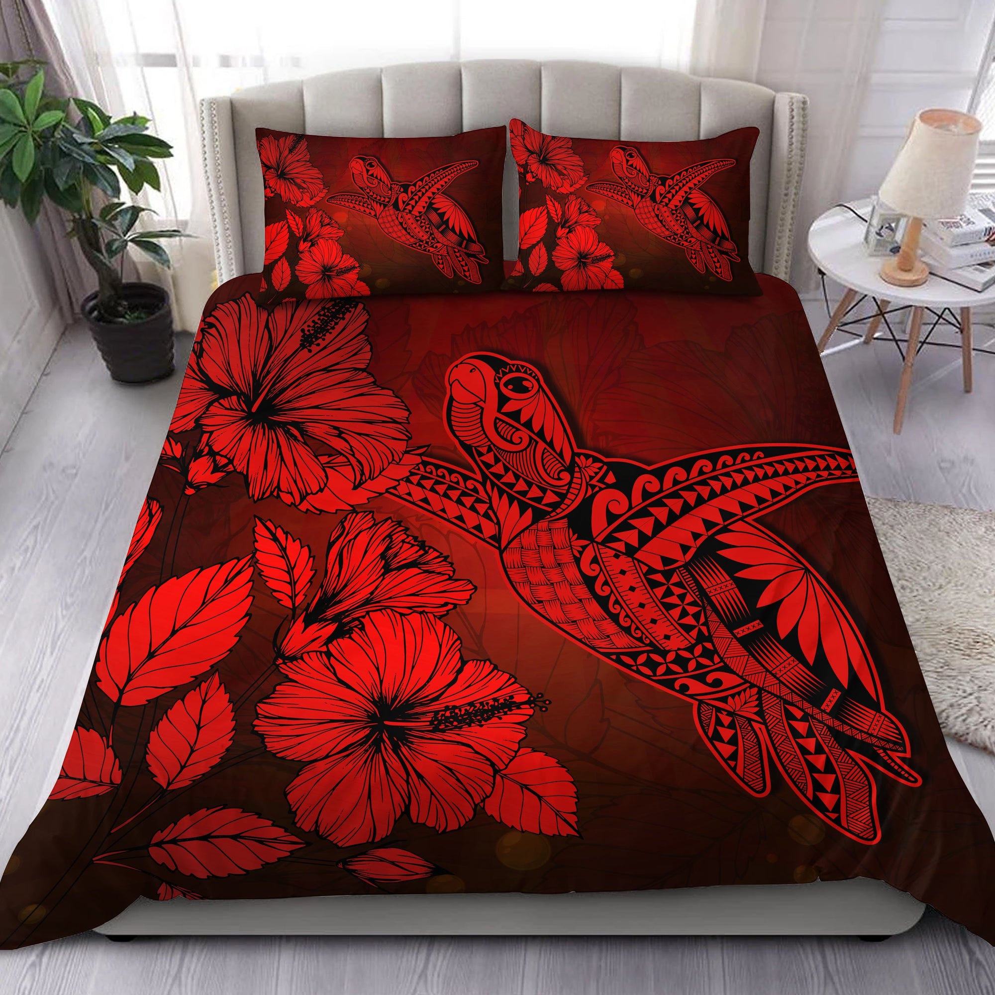 Hawaii Turtle Reach To The Sky Hibiscus Bedding Set - Red - AH Red - Polynesian Pride