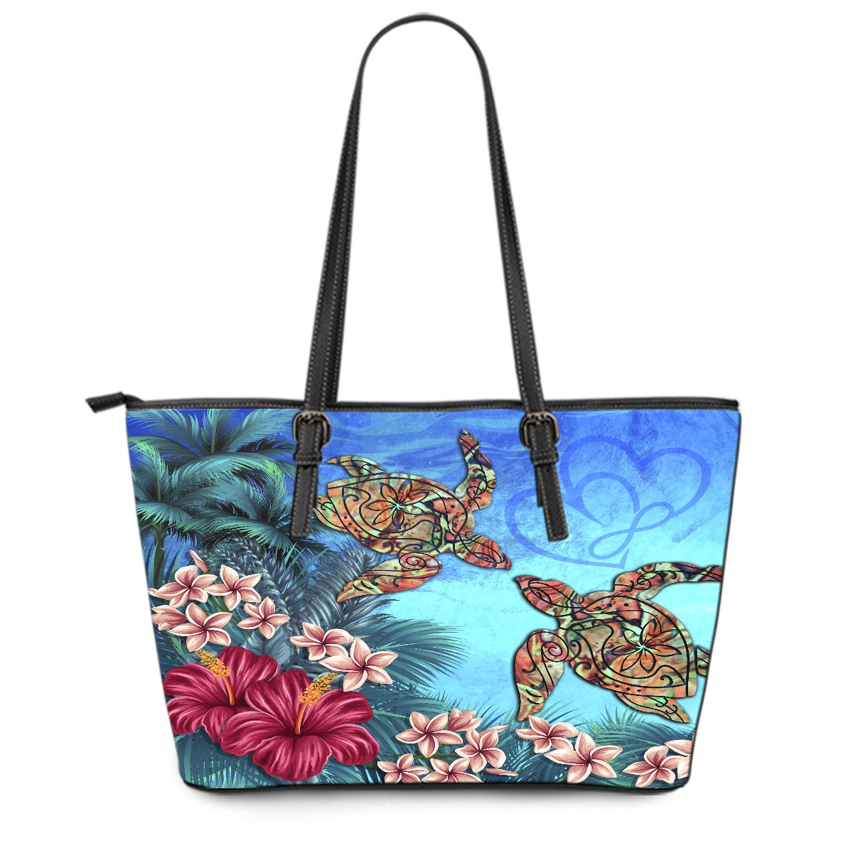 Hawaii Turtle Hibiscus Sea Leather Tote Bag - Ocean Of Love - AH Blue - Polynesian Pride