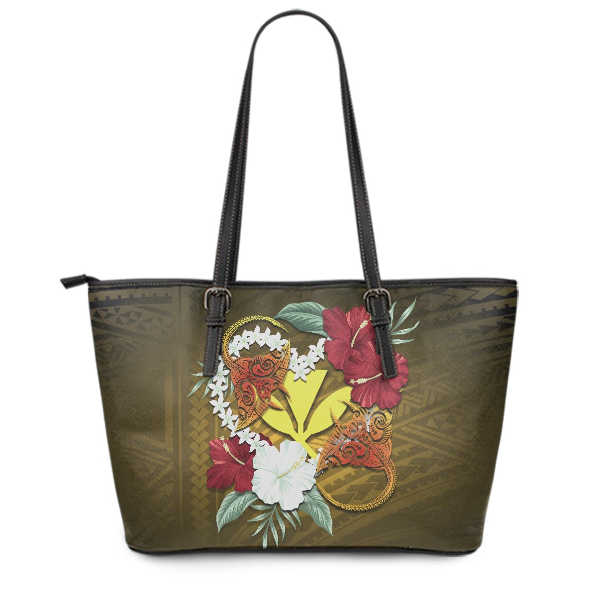 Kanaka Manta Ray Plumeria Heart Polynesian Leather Tote - Sea Flower - AH Black - Polynesian Pride